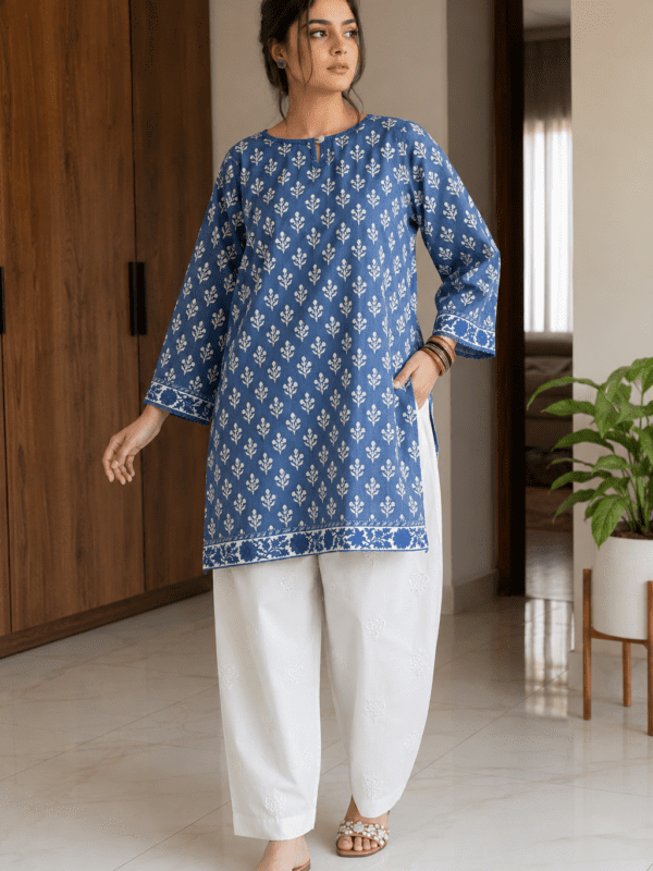 2-Piece Blue Printed Lawn Suit with Embroidered Farshi Shalwar